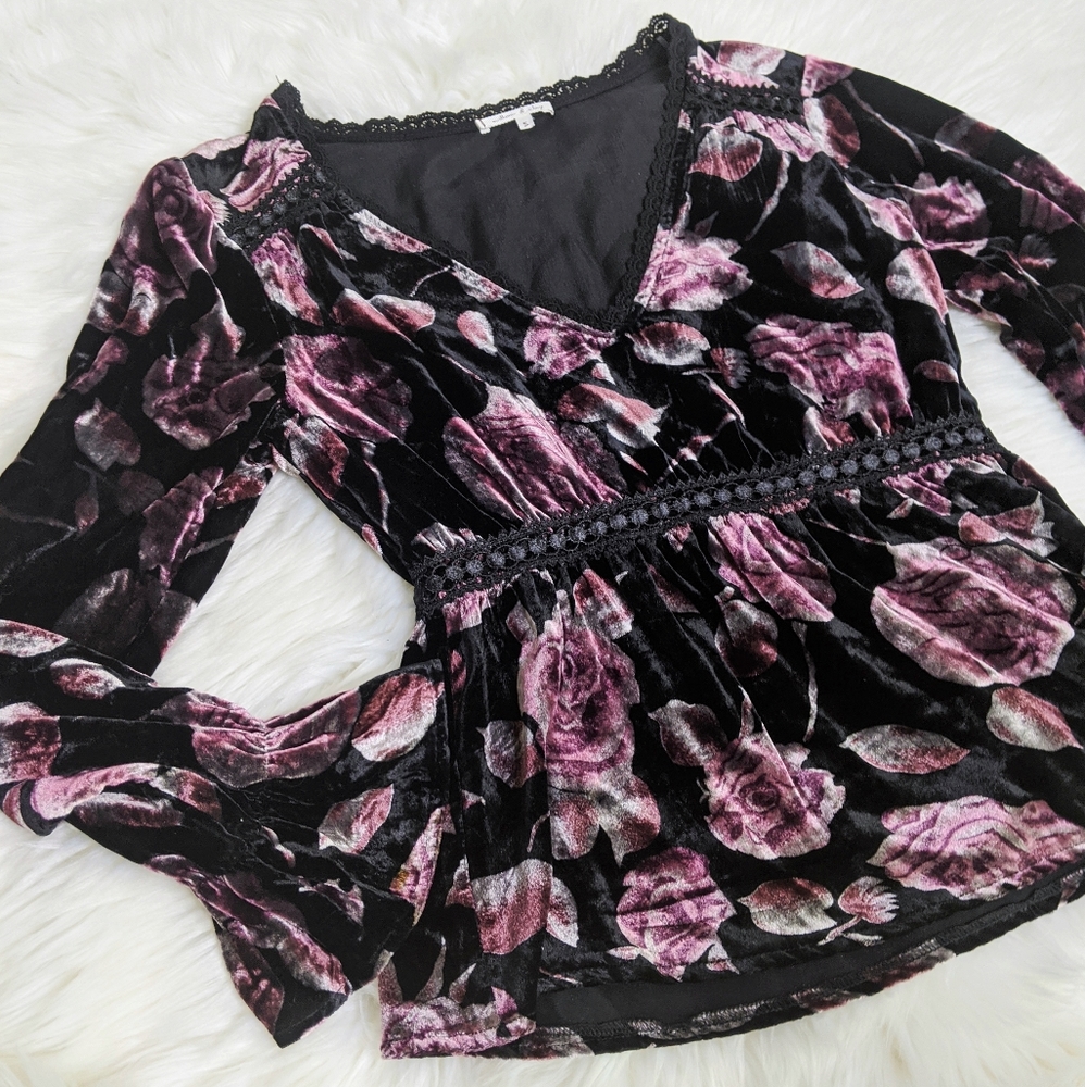Willow & Clay Nordstrom Velvet Floral Blouse Women’s Small | Long Sleeve V-Neck - Picture 3 of 8